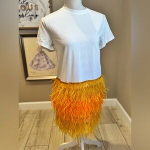 New! QUEEN OF SPARKLES Gold & Orange Feathered Mini Tee Dress